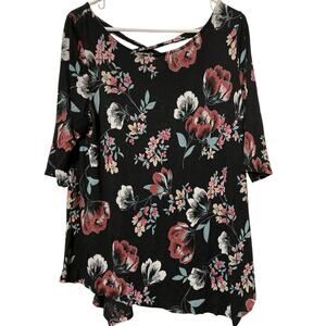 Terra & Sky Shirt Women's 0x 24W Black Floral Casual Pullover Top